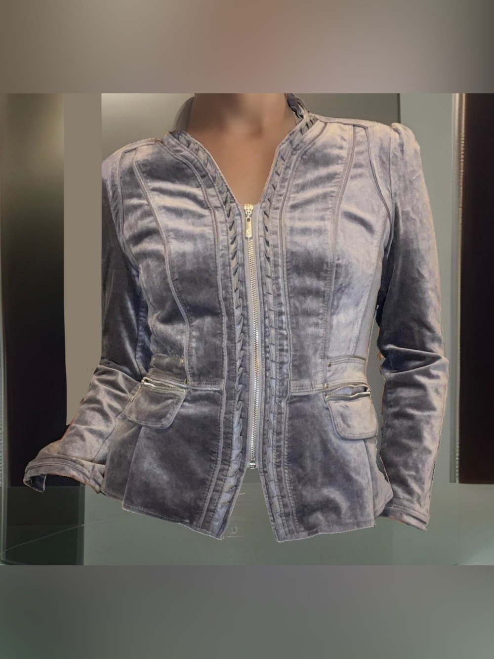 White House Black Market Velvet Fit & Flare Zip-Front Blazer Light Gray Size 6